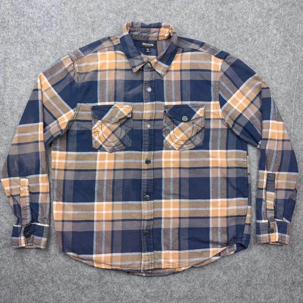 True Religion Shirt Mens Large Blue Tan Plaid Flannel Shacket Logo‎ Flap Pockets